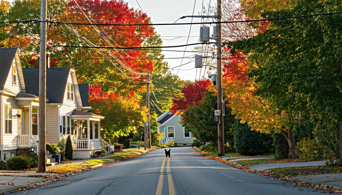 A residential street in East Hartford with maple trees, telephone wires, and a couple walking their dog.