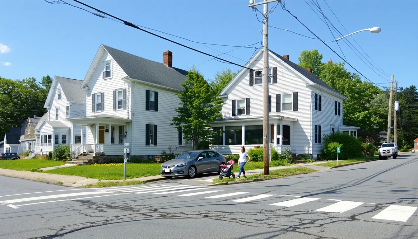 A sunny residential street corner in Manchester, Connecticut with modest two-story homes, overhead power lines, and an older car parked on the curb.