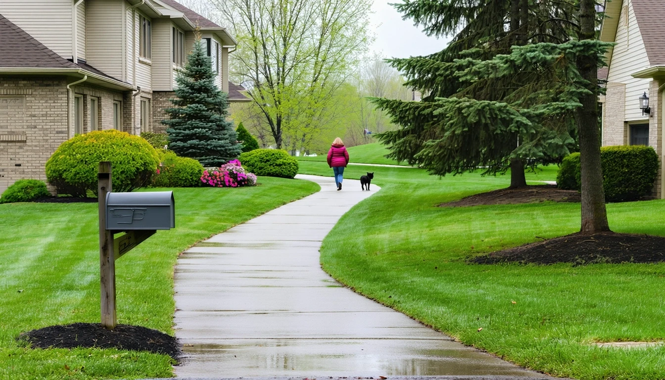 Neighborhood sidewalk in Farmington Hills, Michigan with mailboxes and landscaped lawns on a cloudy day.