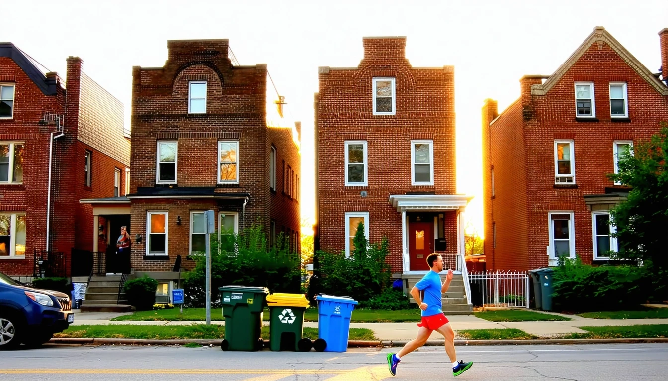 A person jogs down a Detroit street lined with red-brick homes and trash bins out for pickup.