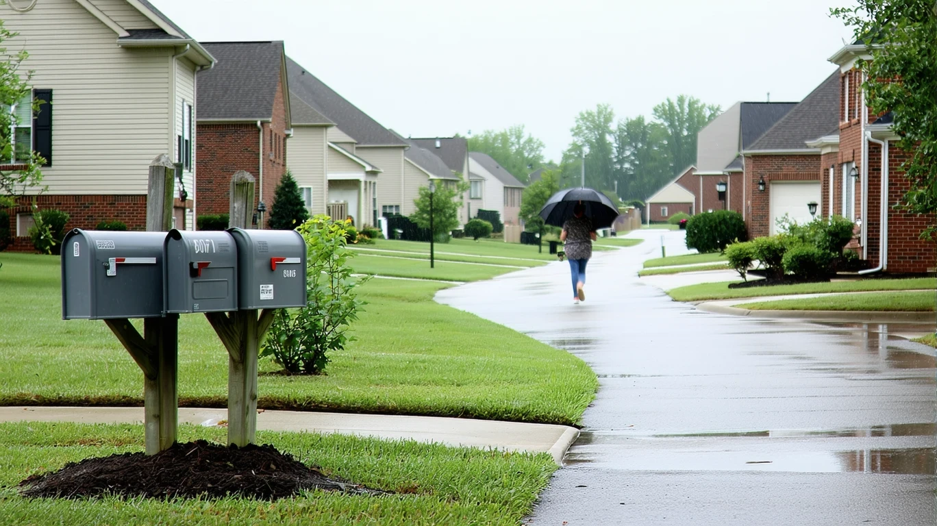 A residential street corner in Shively, Kentucky on a cloudy day, with mailboxes, wet sidewalks, and a person walking with an umbrella.