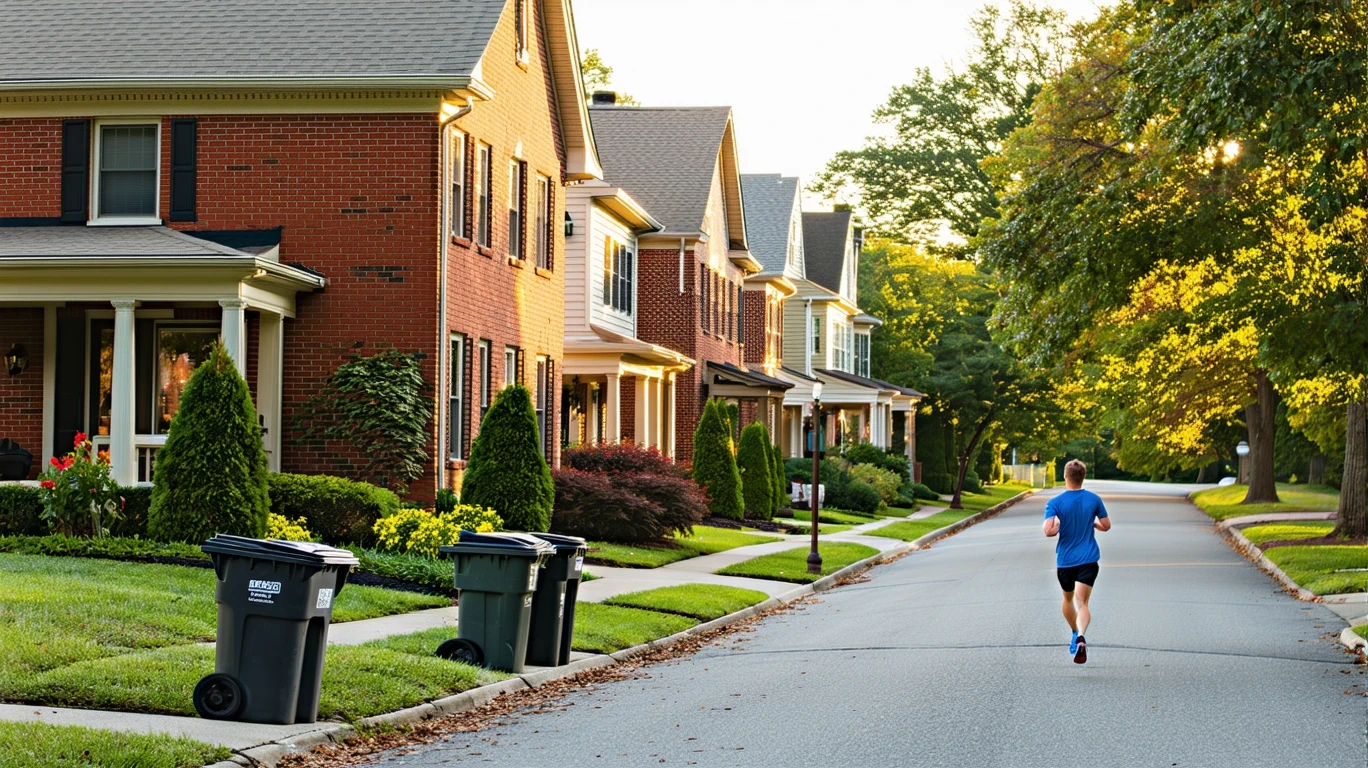 Residential street in Louisville with brick houses and a jogger