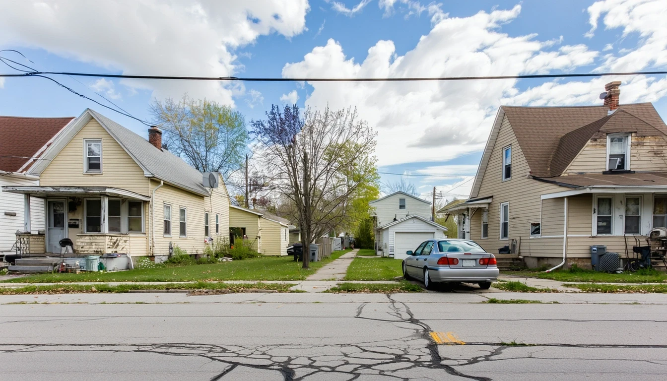 A residential street in Warren lined with modest older homes, patchy lawns, a parked car, and overhead utility lines on a partly cloudy day.