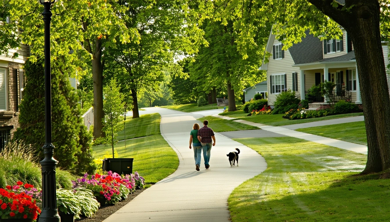 A couple walks their dog on a winding sidewalk shaded by tall trees in a Troy, MI neighborhood, with neat lawns and home rooftops visible.