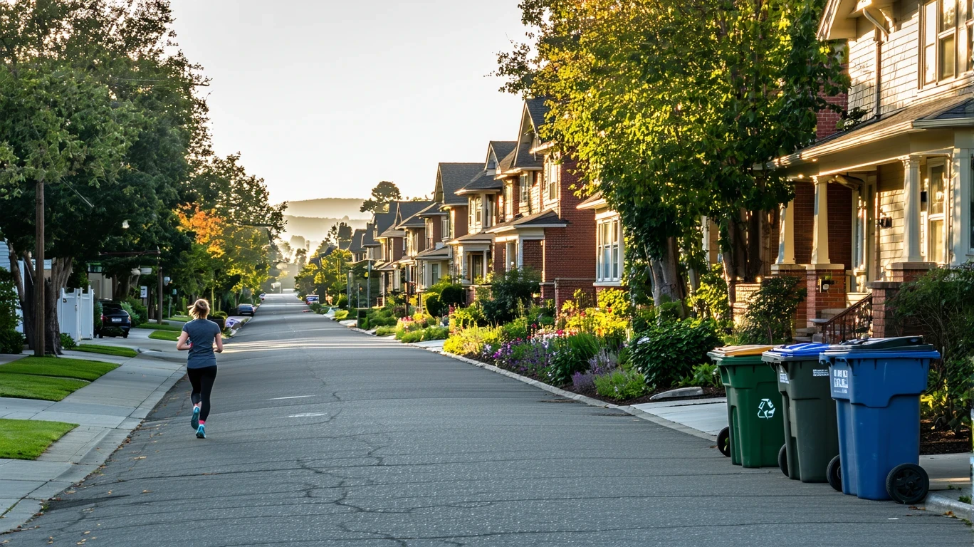A residential street in San Jose, California with brick homes, trash bins on the curb, and a woman jogging on the sidewalk in morning light.