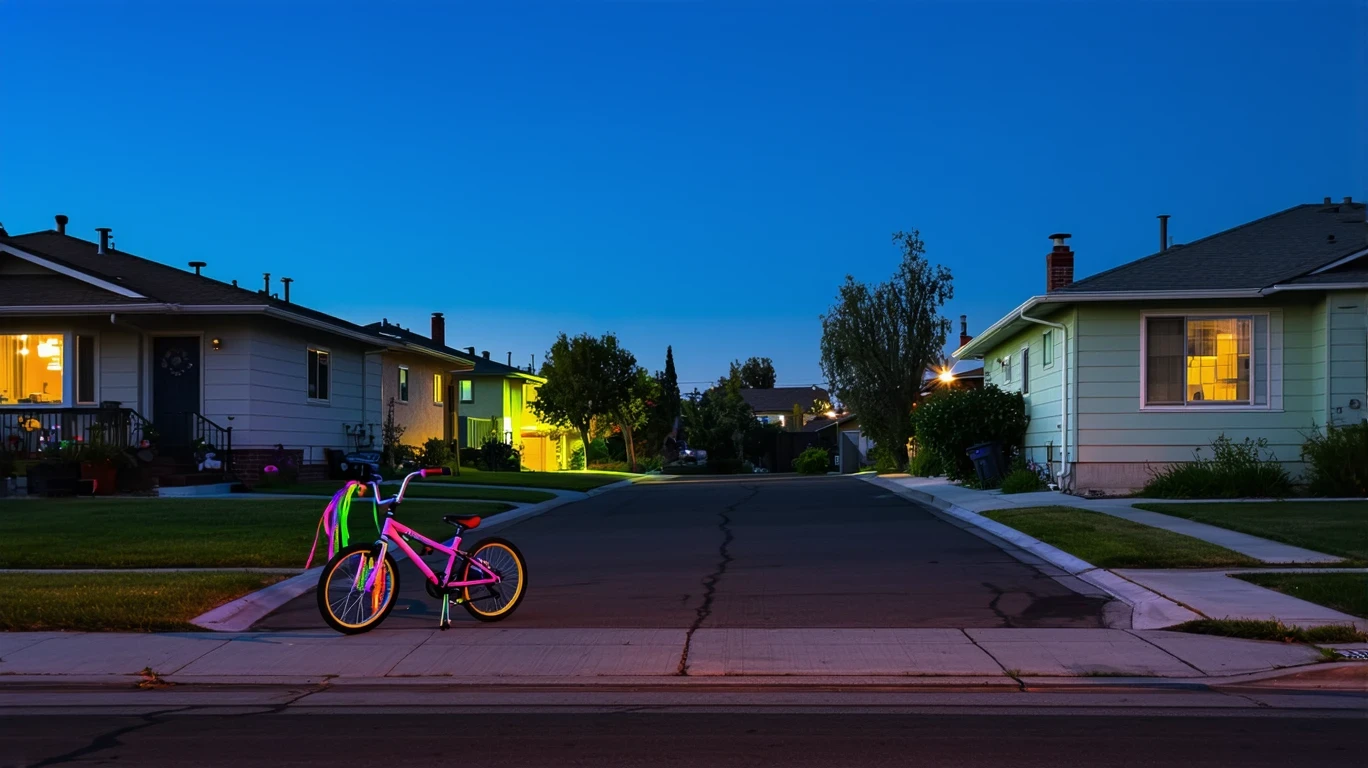 A cul-de-sac in Milpitas at dusk, with a child's bicycle on the sidewalk and porch lights turning on.