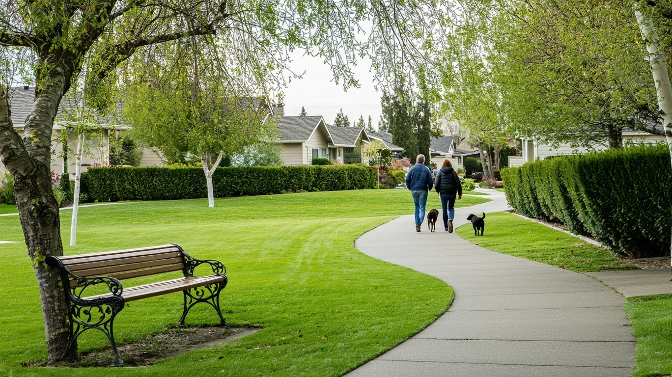A neighborhood park in Mountain View with a walking path, bench, and homes visible
