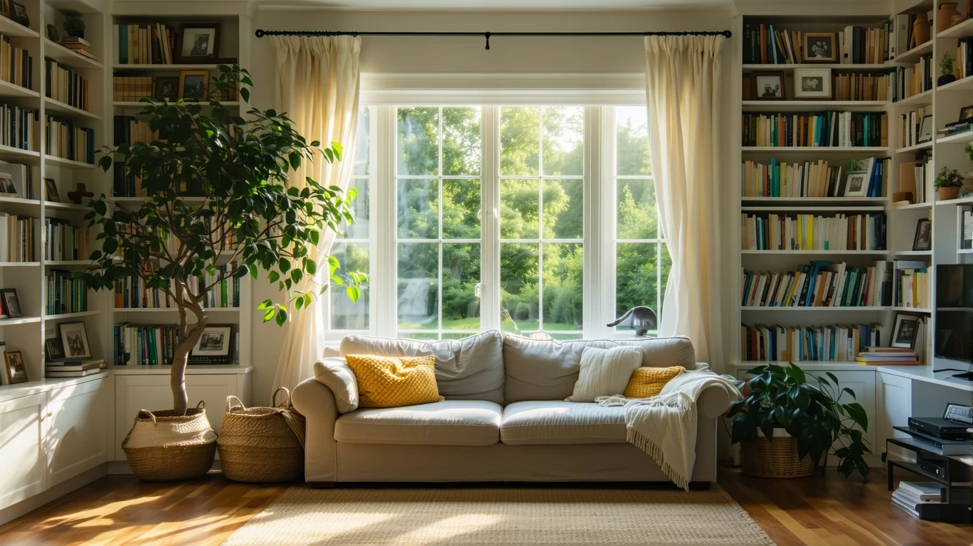 A sunlit living room with a couch, bookshelves, and a fiddle leaf fig tree, with sheer curtains and a view of a suburban street outside the window.