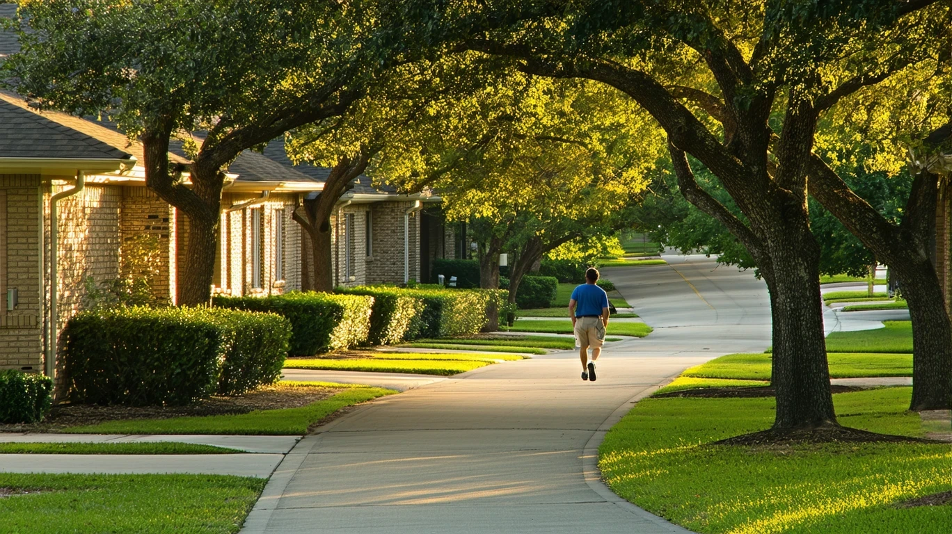 Tree-lined sidewalk curving through a suburban neighborhood with houses visible.