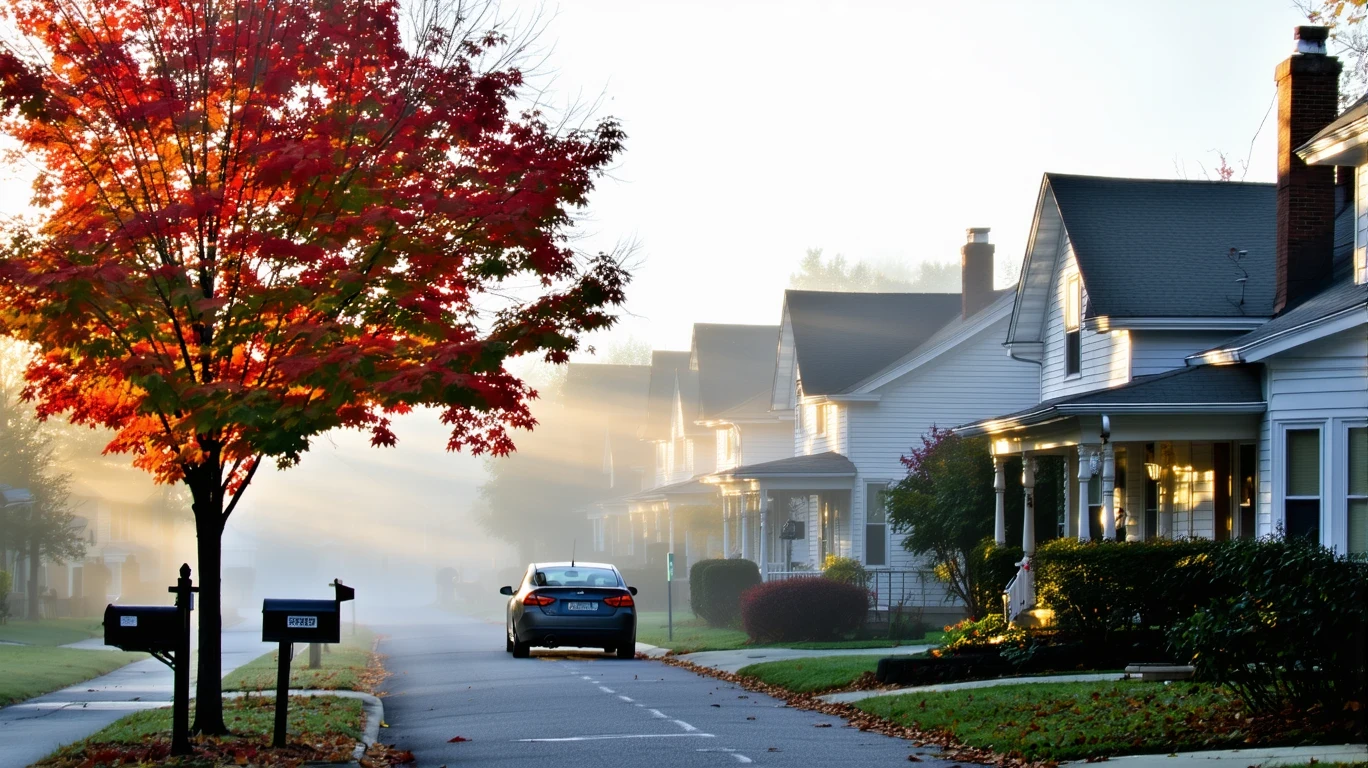 A foggy residential street with an old car parked under a red maple tree and quaint houses.