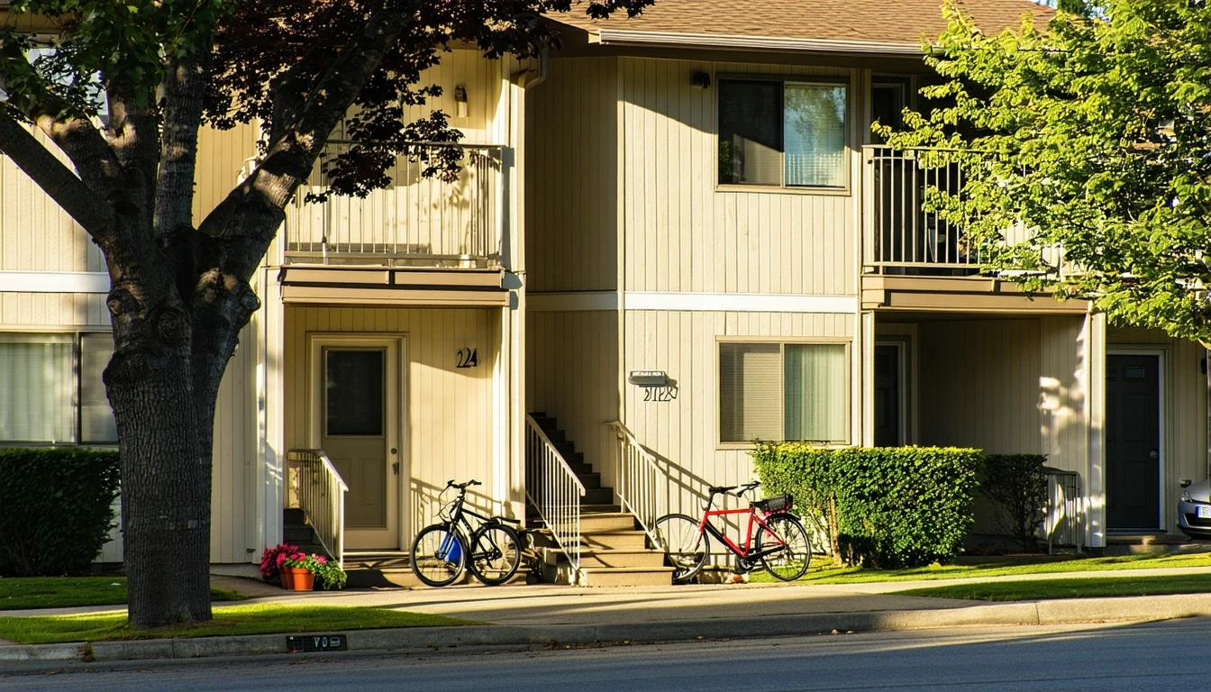 Apartment row in Tigard with shaded doorways, potted plants, and bicycles by railing