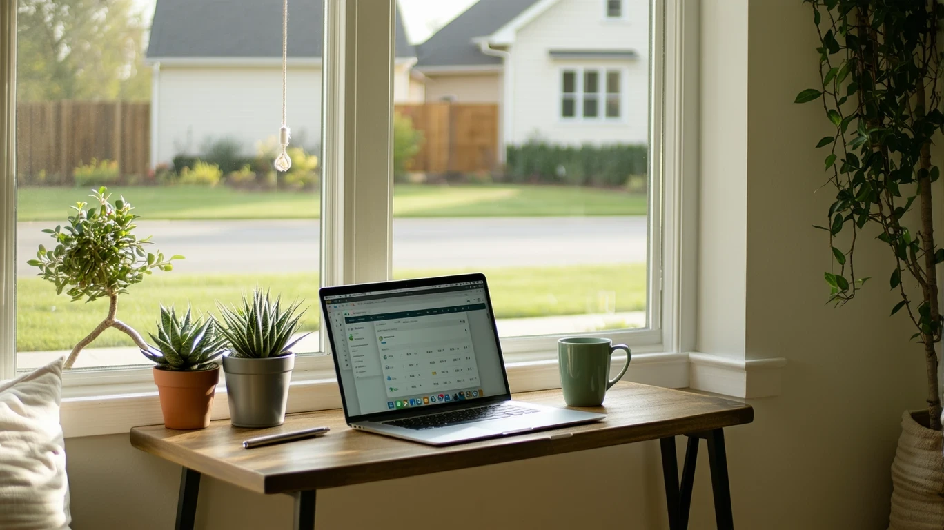 A tidy workspace in a suburban Tomball home with a budgeting app open on a laptop.