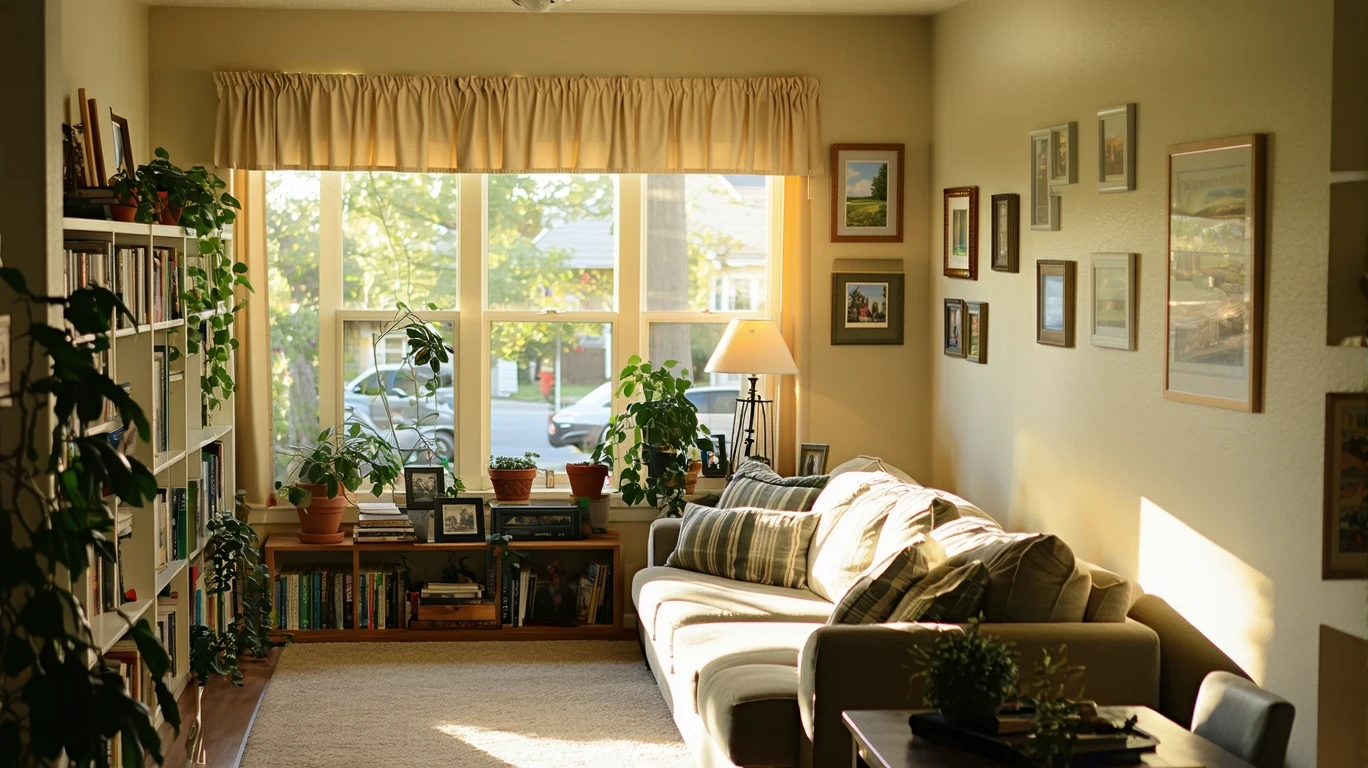 A small, cozy living room in a Tomball, Texas home with soft light filtering through sheer curtains, illuminating a couch and bookshelf.