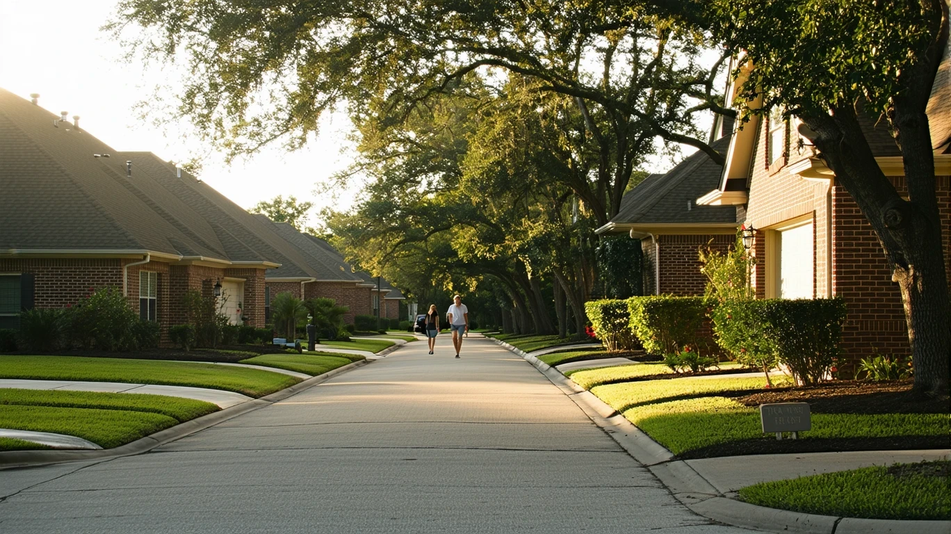 Quiet suburban cul-de-sac in Tomball, TX in morning light, with well-kept brick homes and a low garden wall.