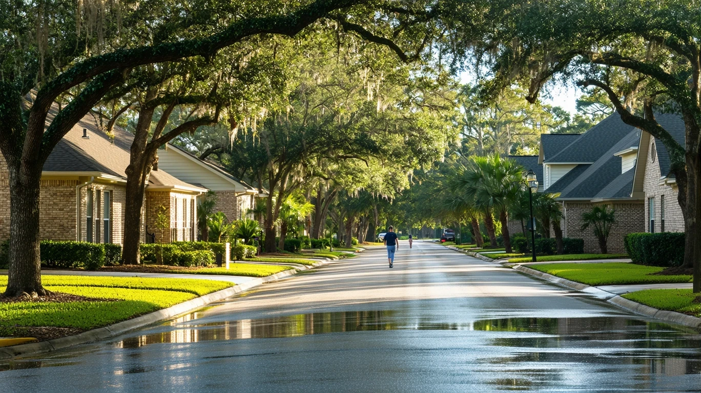 A tree-lined residential street in Tomball, Texas with wet asphalt and palm tree reflections in puddles.