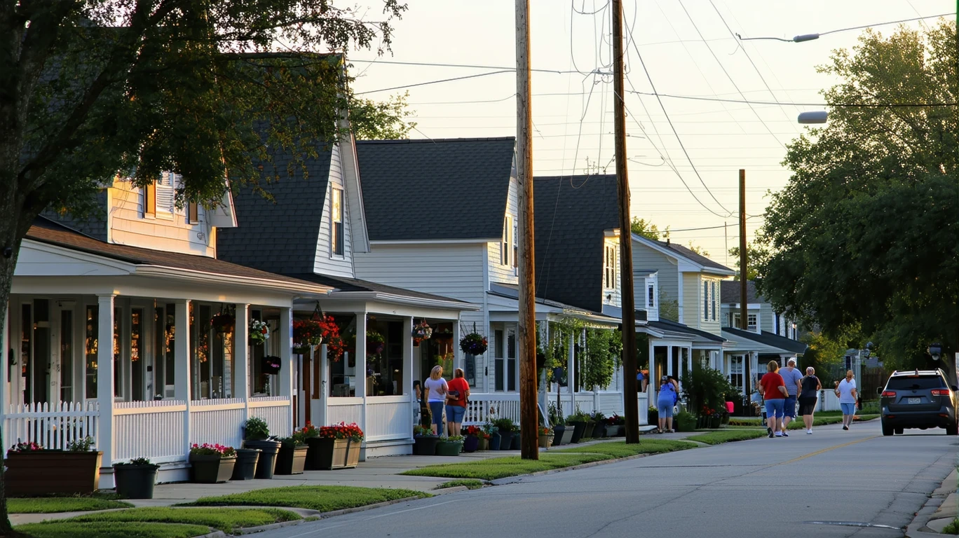 Storefronts and homes along a quiet neighborhood street in Tomball, Texas at dusk.