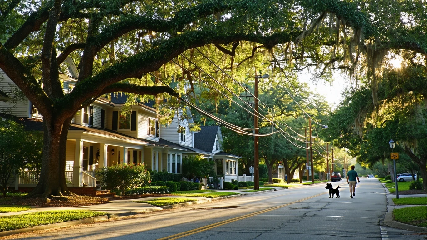 Tree-lined residential street in The Woodlands, Texas with sunlight filtering through leaves.