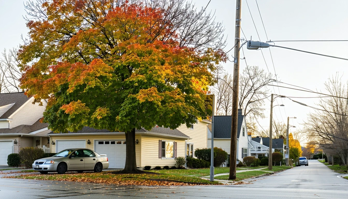 A residential street corner in Rochester Hills, Michigan with an autumn maple tree, parked car, and power lines overhead.