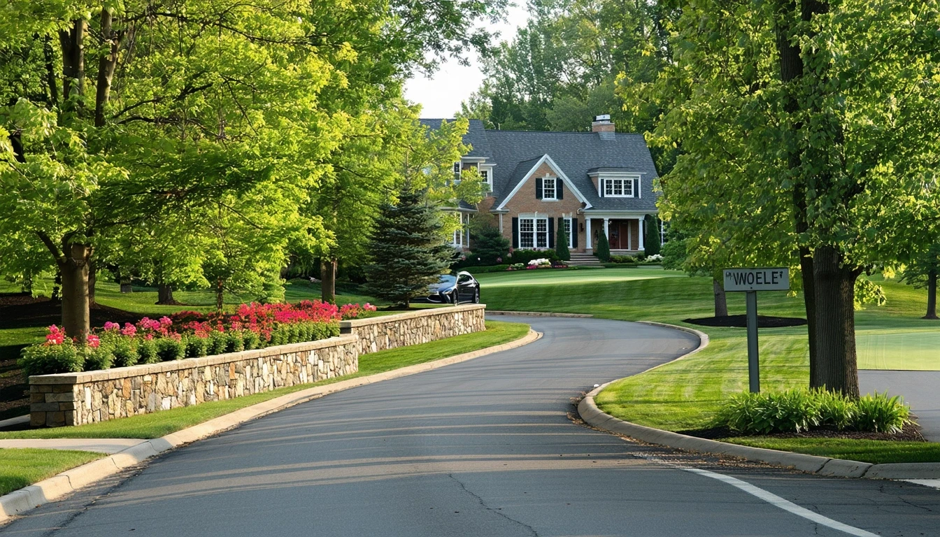 Entrance to a suburban cul-de-sac in Bloomfield Township, Michigan with large homes, manicured landscaping, and a stone wall.