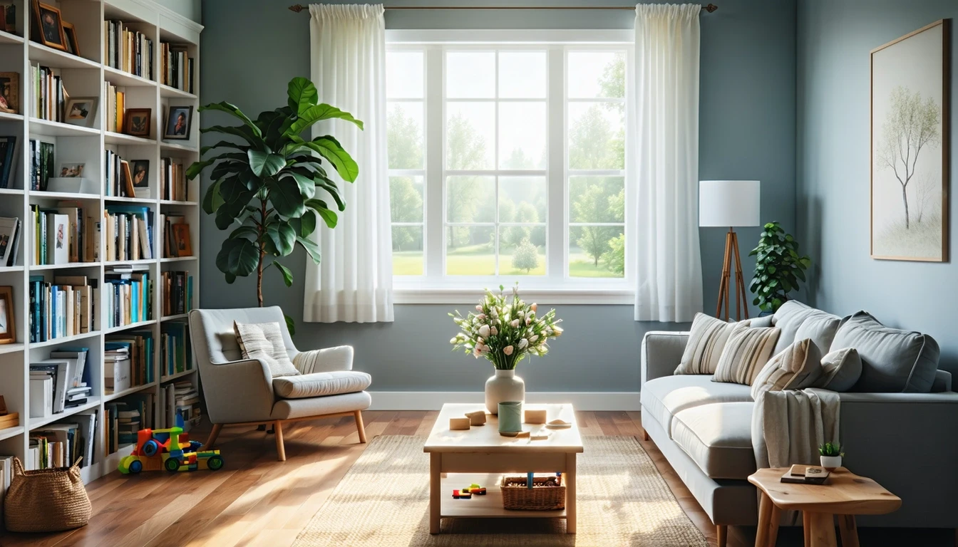 Sunlight streams into a cozy suburban living room with a gray couch, built-in bookshelves, houseplant, and view of the neighborhood outside.