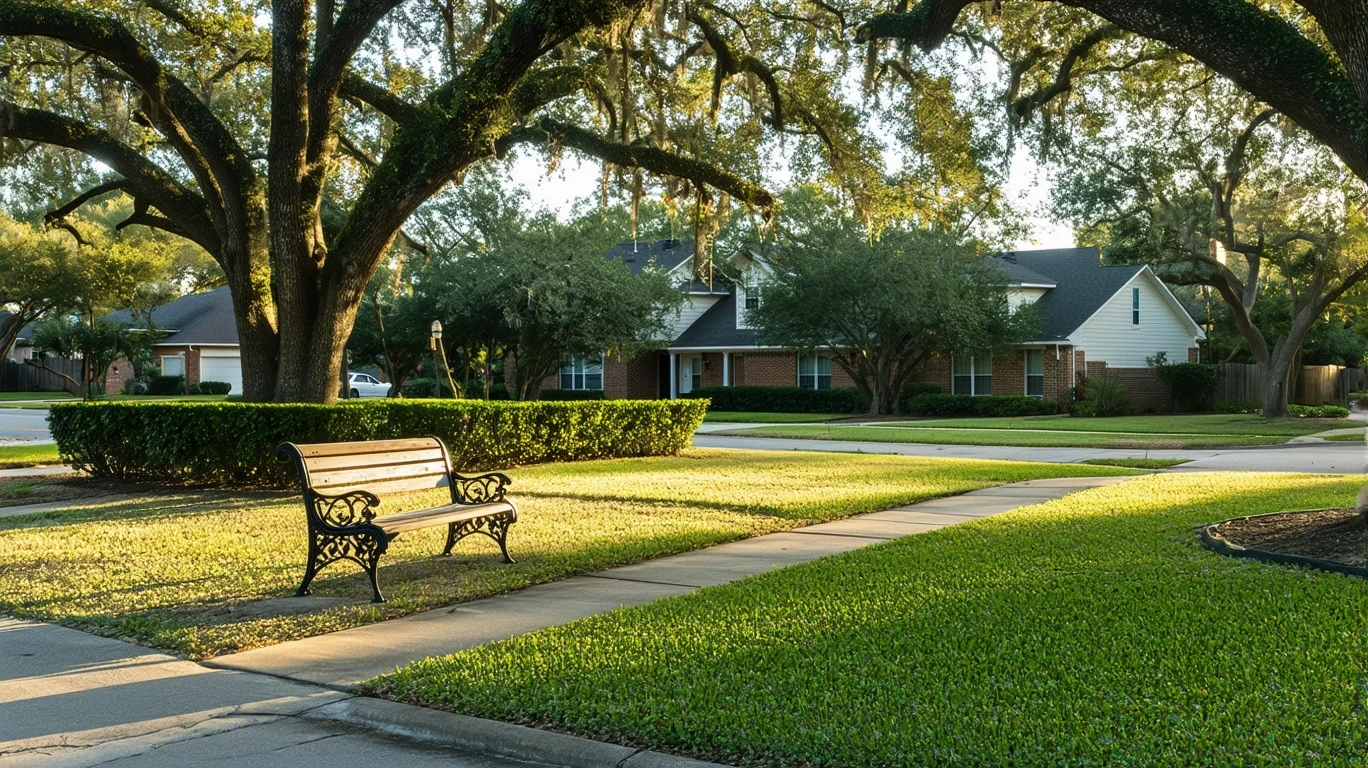 A sunny neighborhood park in San Antonio with a path, bench, and nice homes visible across the street.