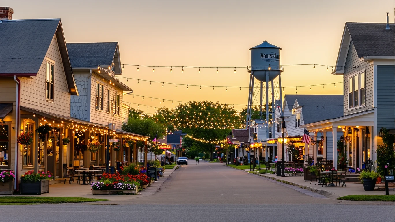 Mixed-use street in New Braunfels, Texas with local shops and cafes beside neighborhood homes at dusk.