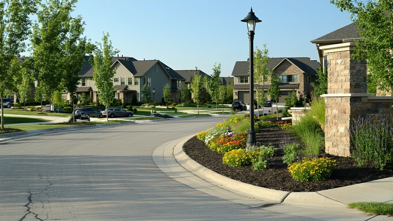 The entrance to a sunny suburban cul-de-sac with a low brick wall surrounded by native plants, casting long morning shadows across the light concrete road, and the fronts of large modern single-family homes visible in the background.