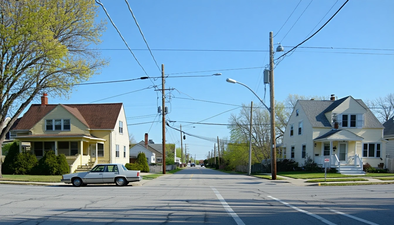 A street corner in Levittown, Pennsylvania, showing post-war homes, power lines, and an old car parked on the street.