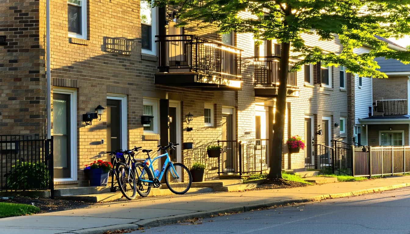 An apartment building in Media, Pennsylvania, with potted plants by the doorways and bicycles resting against the railing.