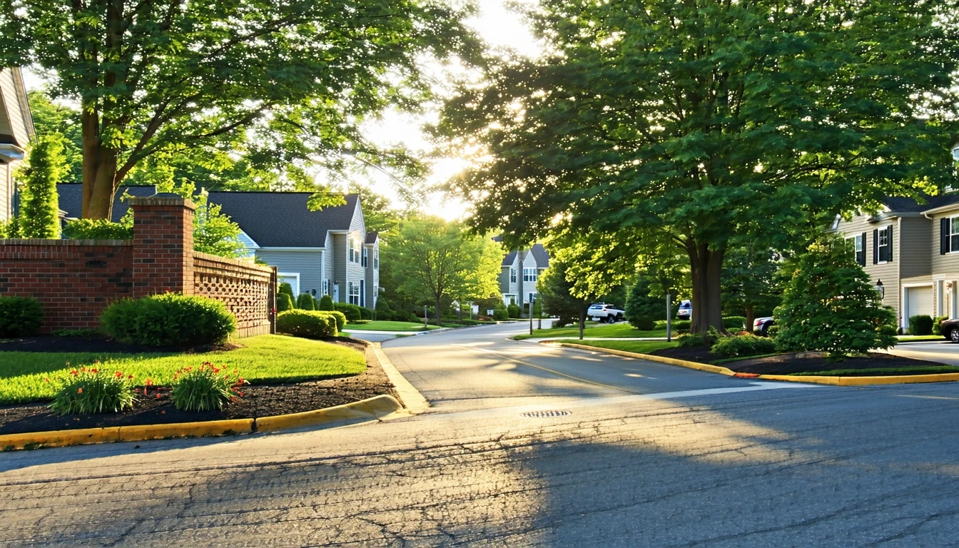 The entrance to a cul-de-sac in Bensalem, Pennsylvania with a low brick wall, plants, and homes visible in morning light.