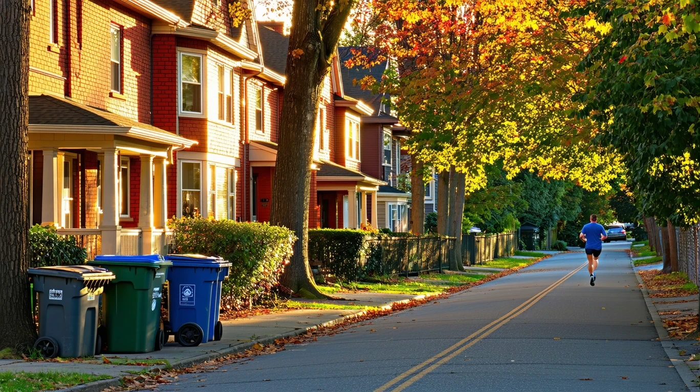 Calm Portland street with red-brick homes, morning recycling bins by curb, jogger passing under autumn trees.