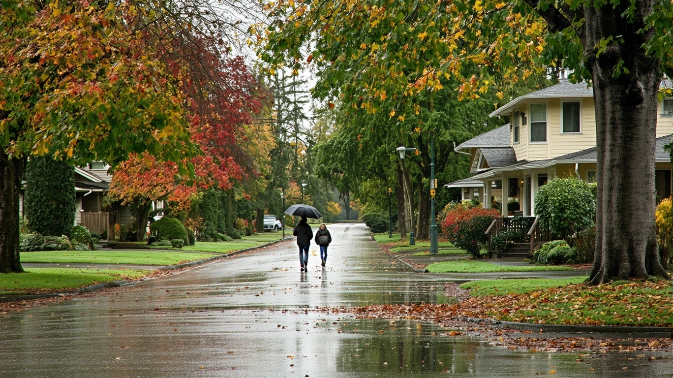 A broad avenue in Tualatin, Oregon after a rain, with wet pavement, palm tree reflections in puddles, and a couple walking under an umbrella.