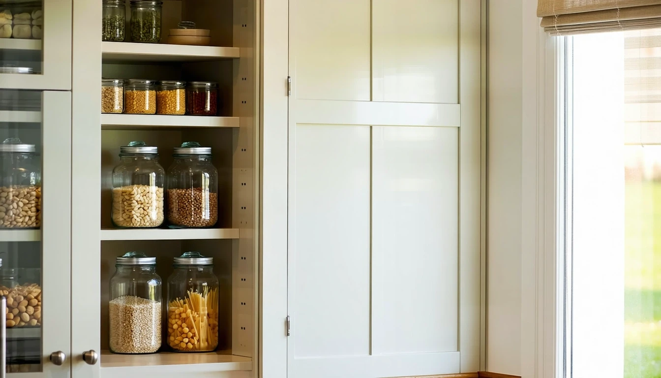 A pantry shelf with jars of beans, pasta, and rice in a sunlit kitchen.