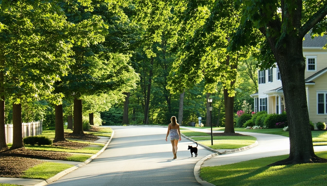 Tree-lined residential street in Vienna, Virginia with a woman walking her dog on the sidewalk.