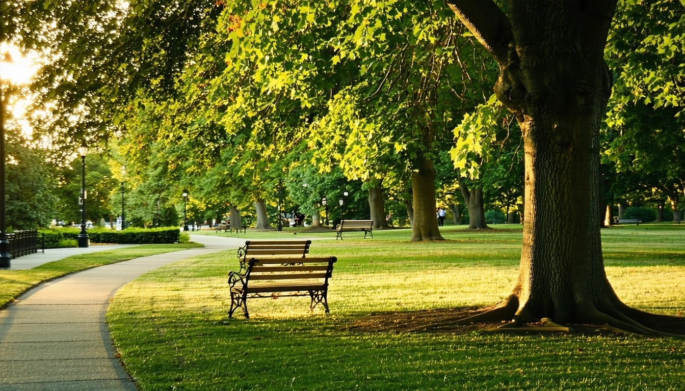A serene park lawn with benches under oak trees in Vienna, VA at sunset.