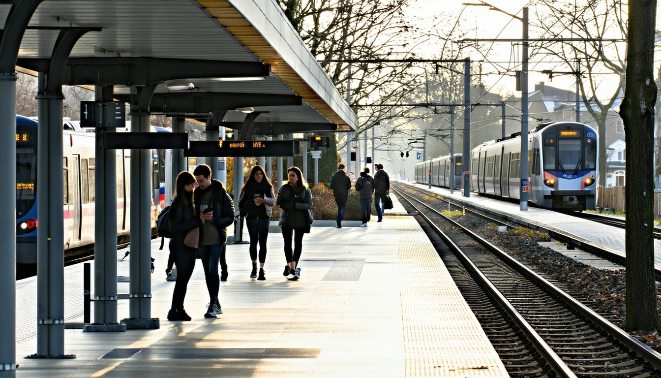 A light rail station in Vienna, VA with a few commuters waiting on the platform on an overcast day.