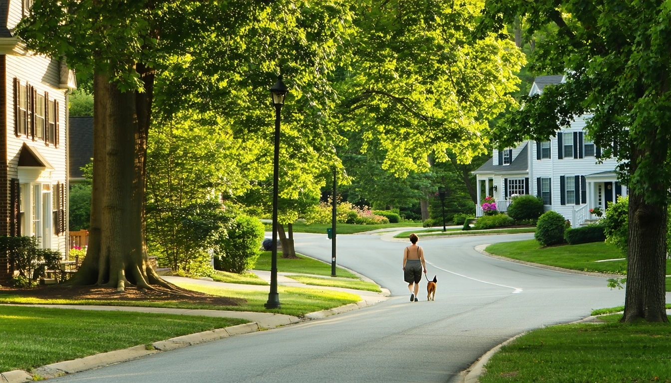 Sidewalk winding under tall trees in a Vienna, VA neighborhood with homes visible.