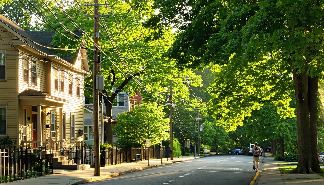A sunlit residential street in Vienna, Virginia lined with maple trees and tidy single-family homes.