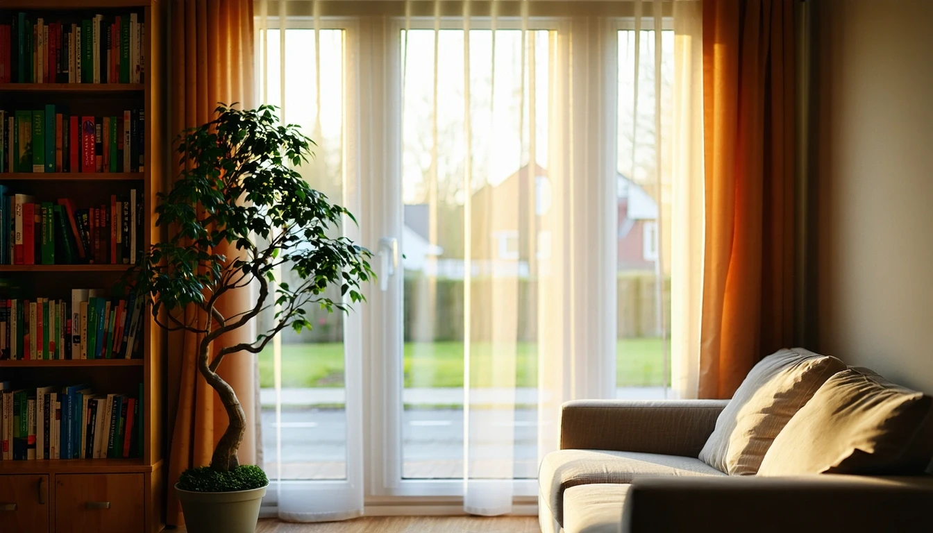 A sunlit living room with a couch and bookshelf, overlooking a tree-lined suburban street.