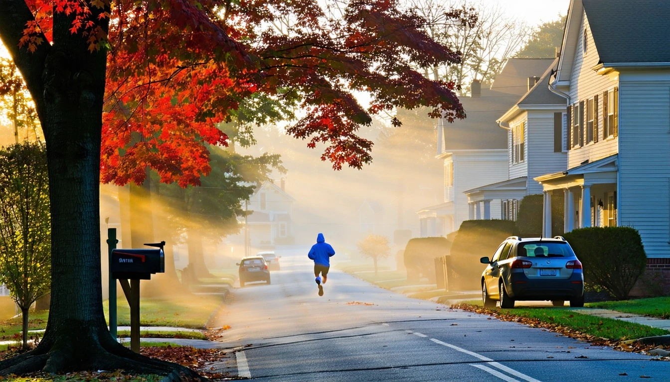 A foggy suburban street with homes, mailboxes, and a parked car under a red maple tree.
