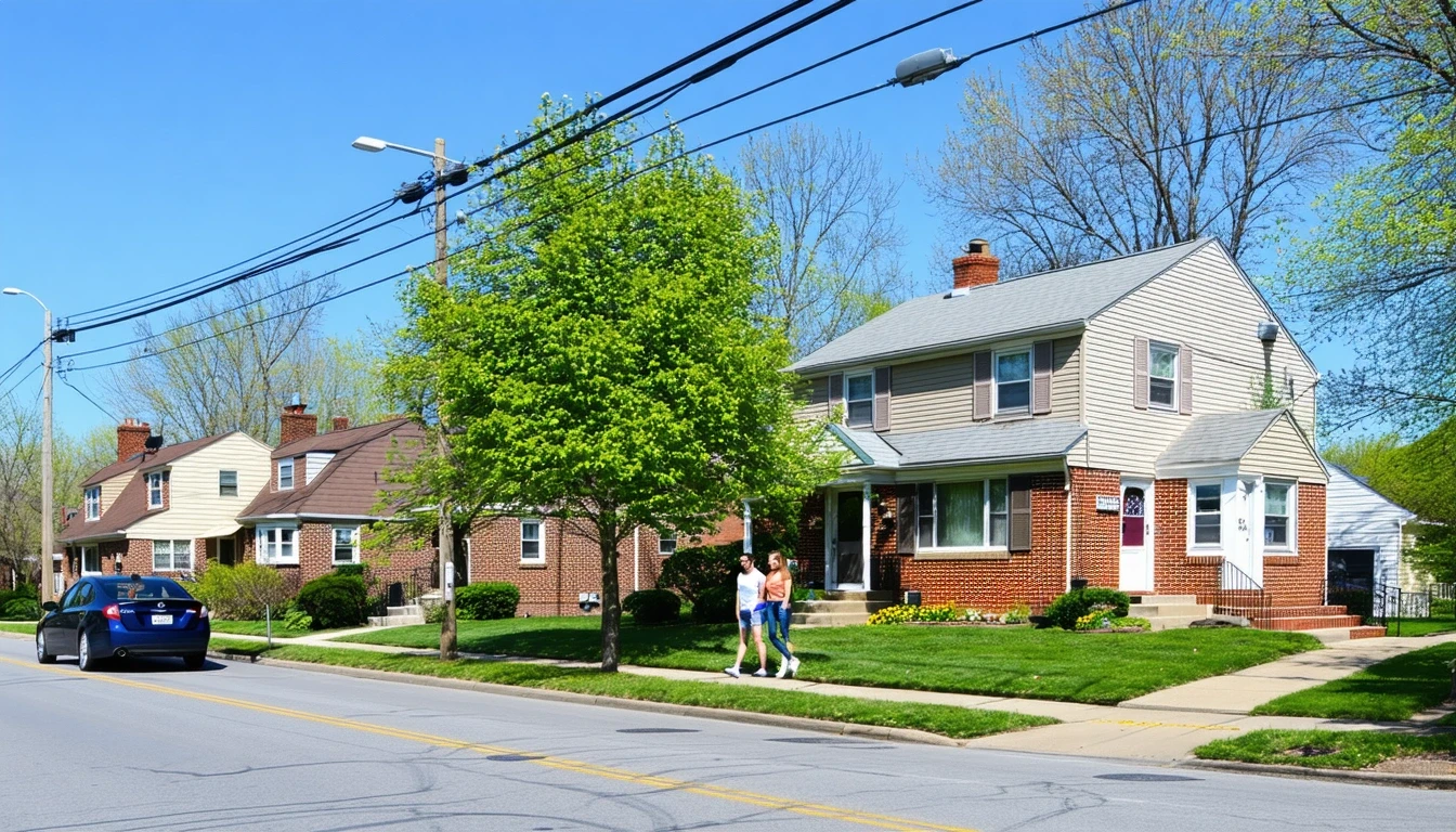 A residential street corner in Vienna, VA with older homes, patchy lawns, a parked car, and a couple walking on the sidewalk under trees and power lines on a sunny day.