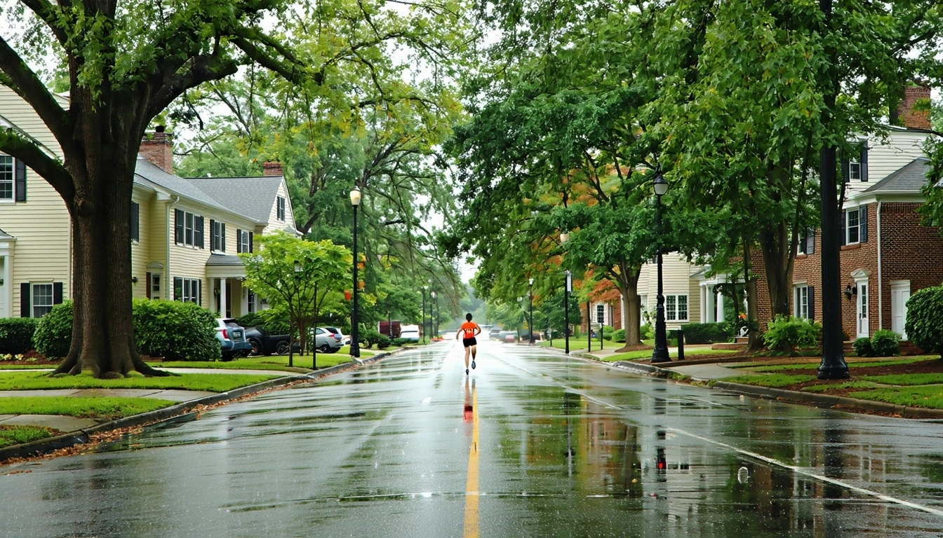 A wide, tree-lined street in Mclean, VA with wet pavement, colonial-style homes, palm tree reflections in puddles, and a jogger on the sidewalk just after a rain shower.
