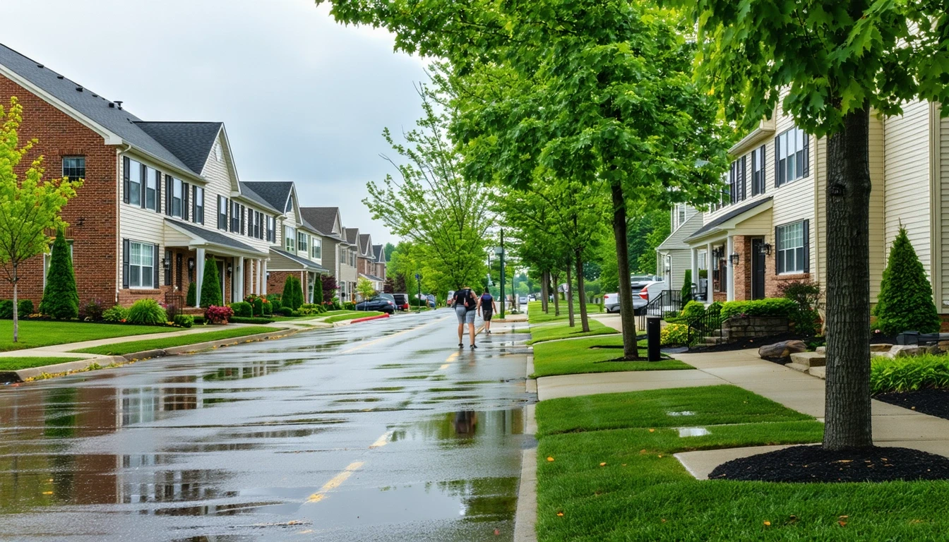 A tree-lined avenue in Sterling Heights, Michigan after a rain shower, with puddles reflecting the sky and foliage near the sidewalk.