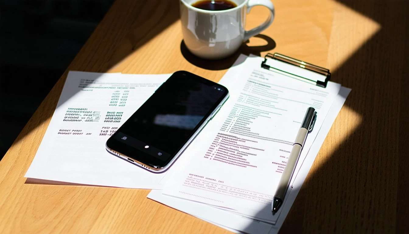 A kitchen table with a phone, papers, and coffee mug, someone budgeting their monthly expenses.