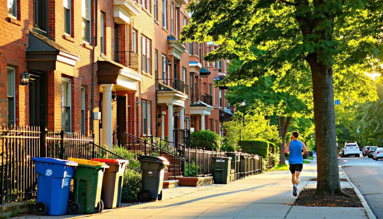 A jogger runs past red-brick townhomes and recycling bins on a tree-lined street in Washington, DC on a sunny morning.