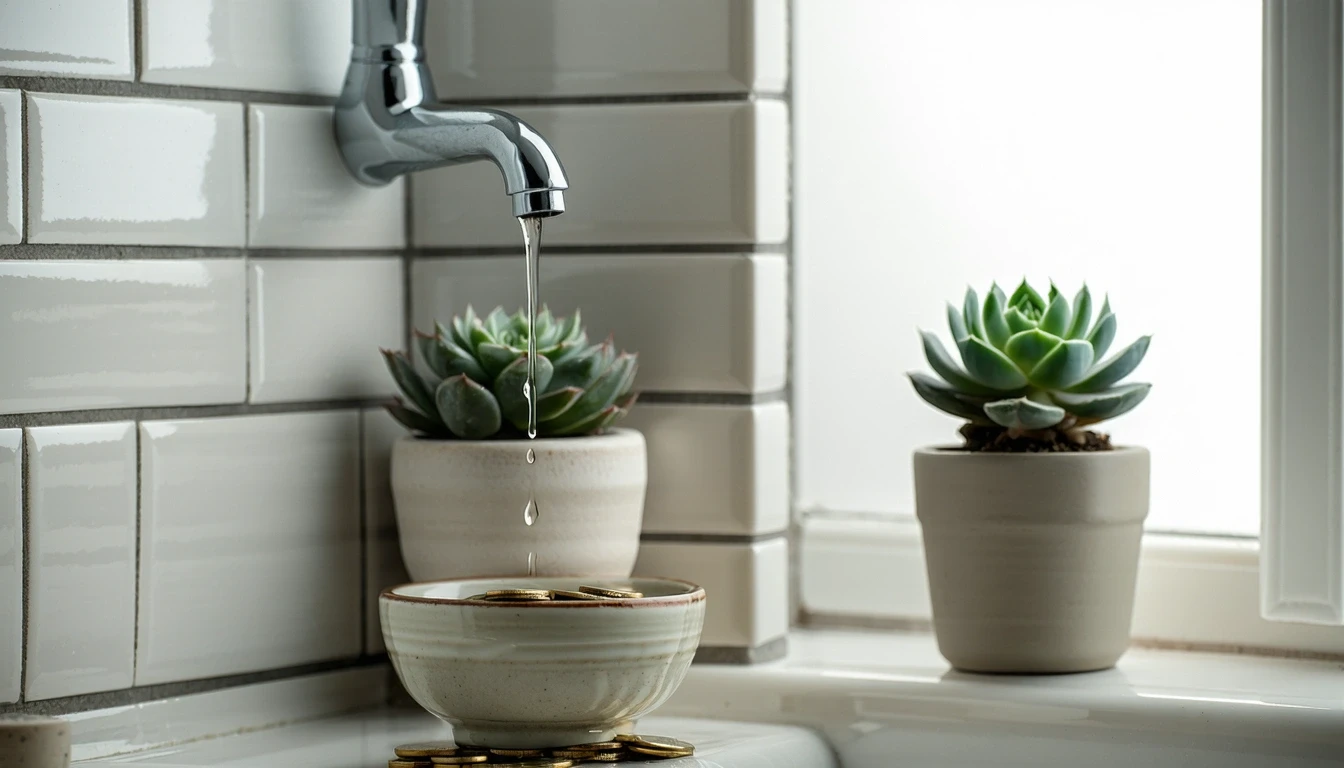 A leaky faucet drips into a bowl with coins, symbolizing wasted water and money.