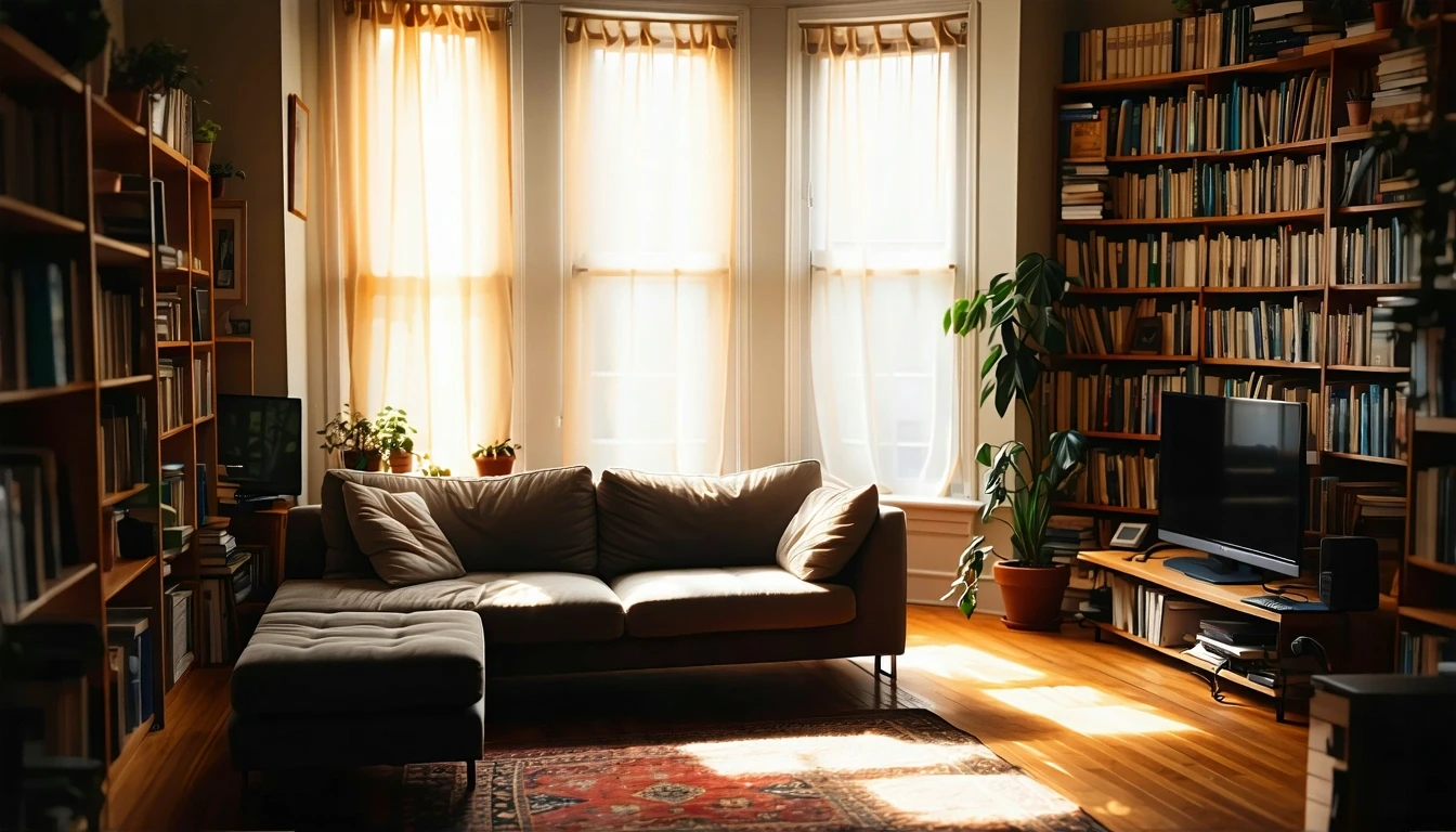 A warmly lit living room with a couch, bookshelf, and houseplants in a Washington, DC rowhome.