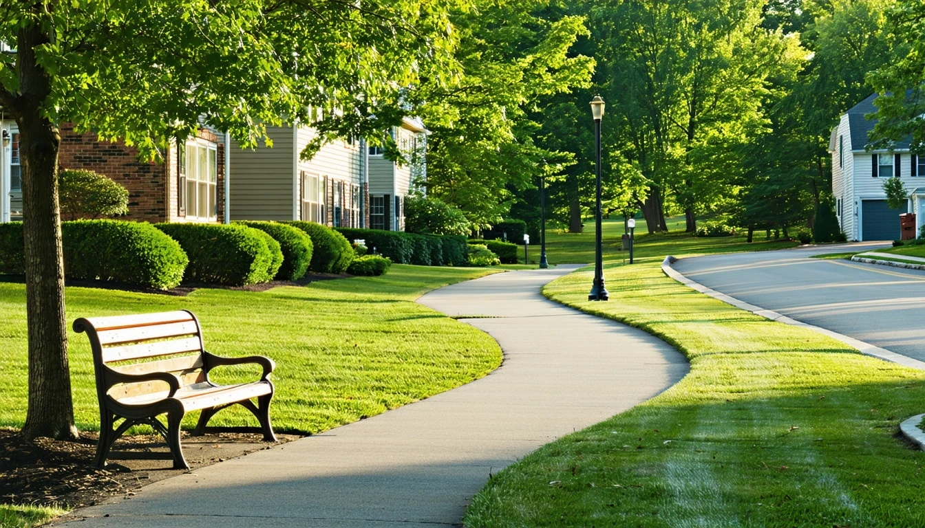 A sunlit neighborhood park with a path and bench, surrounded by homes in Arlington, VA.