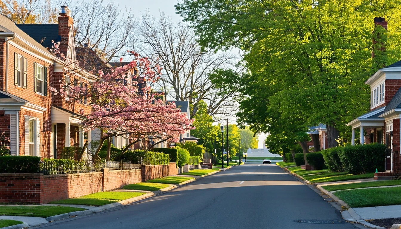 A tree-lined suburban cul-de-sac in Washington, DC with brick homes and the Washington Monument visible in the distance.