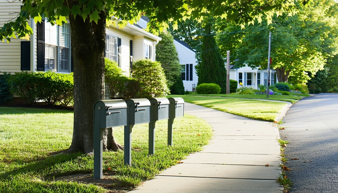 A sunny suburban sidewalk in Washington, DC lined with gray metal mailboxes and tidy homes.
